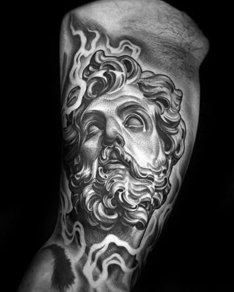 Black and gray that look real Roman statue tattoo on the hand