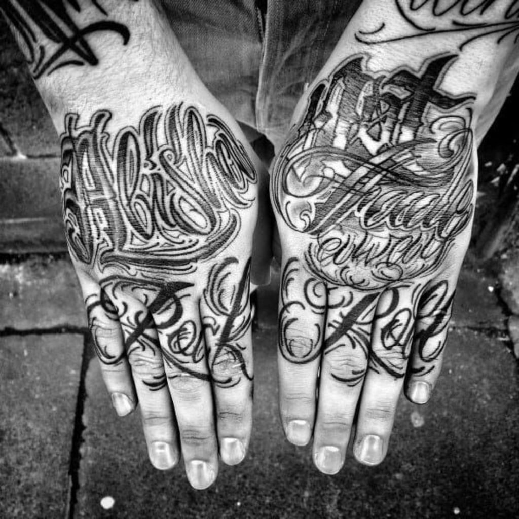 Black and grey handwriting tattoo for men