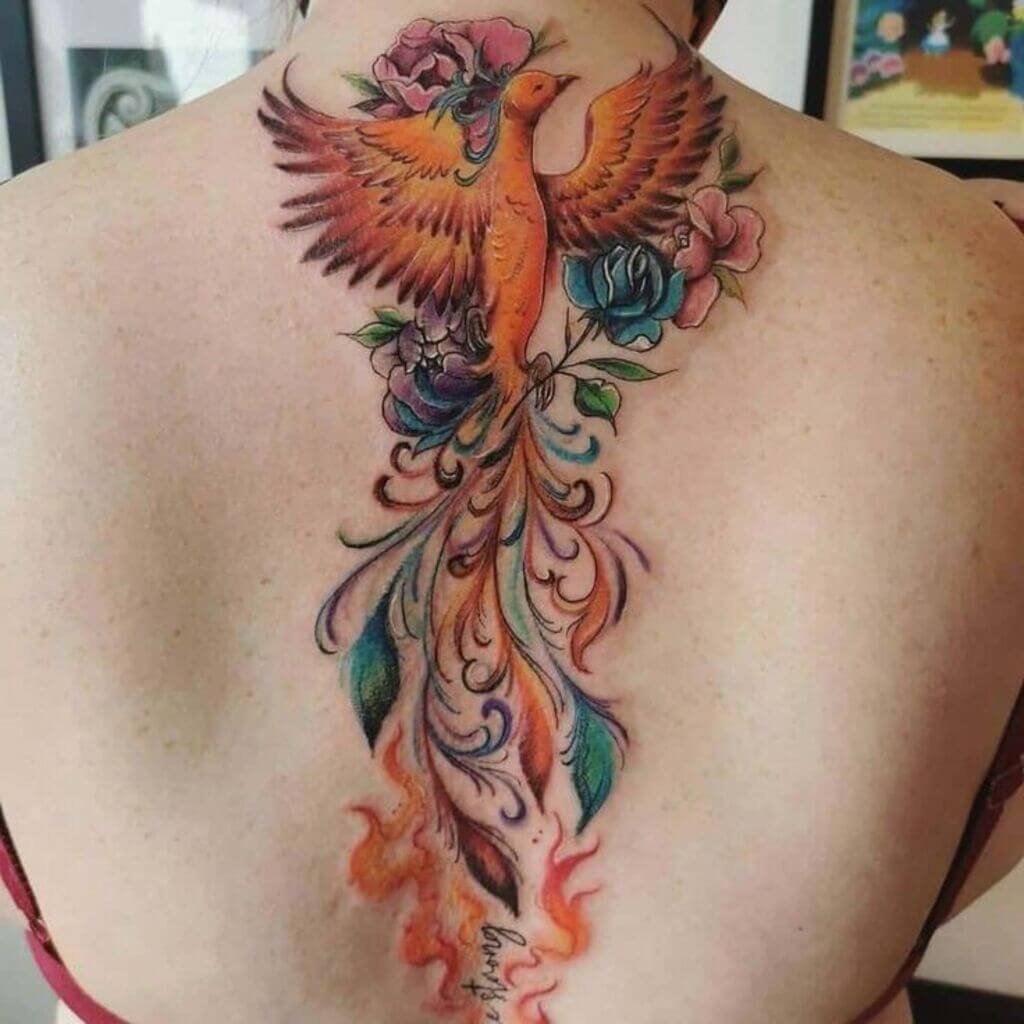 Phoenix Tattoo In Vibrant Colors on Back