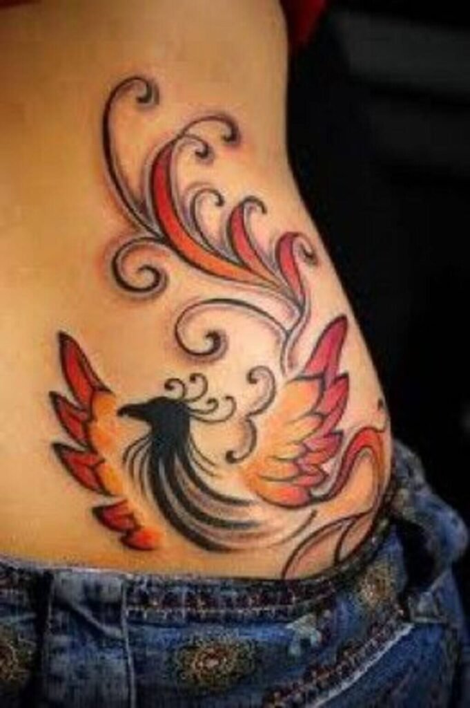Phoenix tattoo on waist in the style of linework
