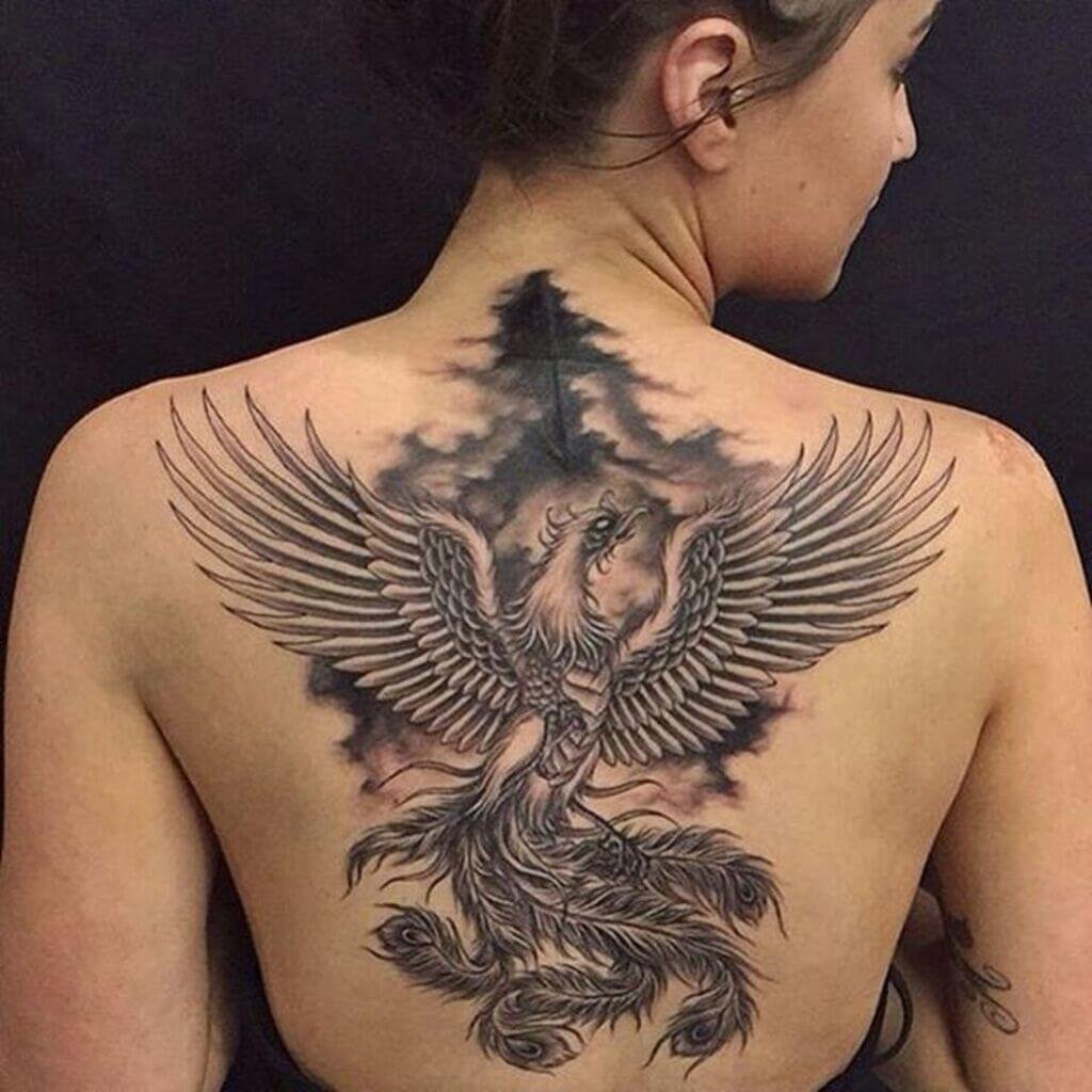Phoenix with flames in black and gray ink