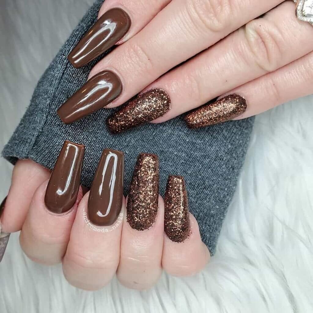 Glittery Brown Nails Different Shades Design