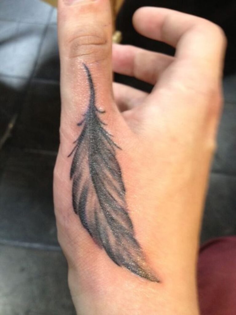 Tattoo of a feather on the hand