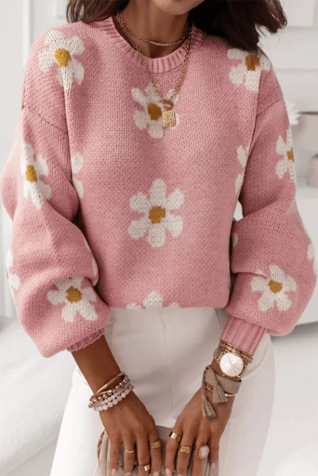 Pink Floral Drop Shoulder Knit Pullover Sweater