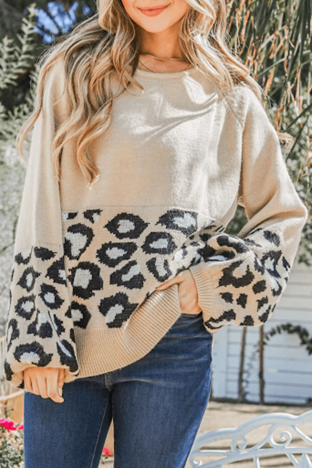 Knit pullover sweater with raglan sleeves in Khaki and Animal Print